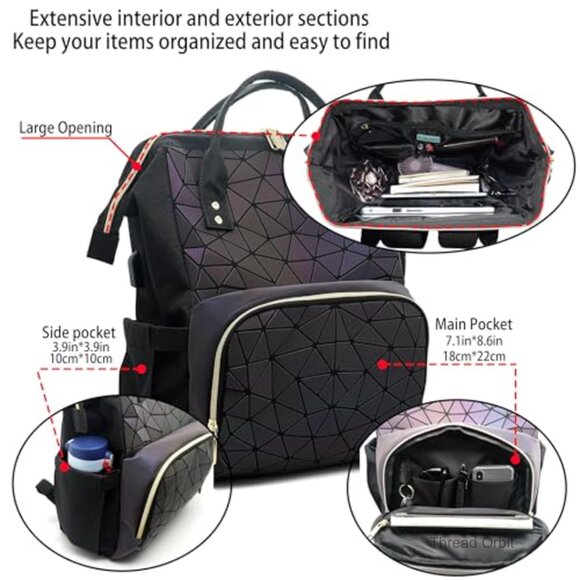 Large Geometric Holographic Backpack with USB Port for Laptop Travel Work main image 5